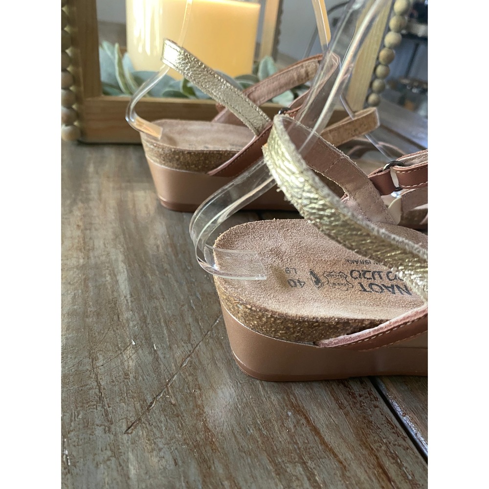 NAOT Leather Handmade Multi-Strap Cork Wedge Sandals Womens Size 9 Rose Gold Tan - Picture 7 of 13